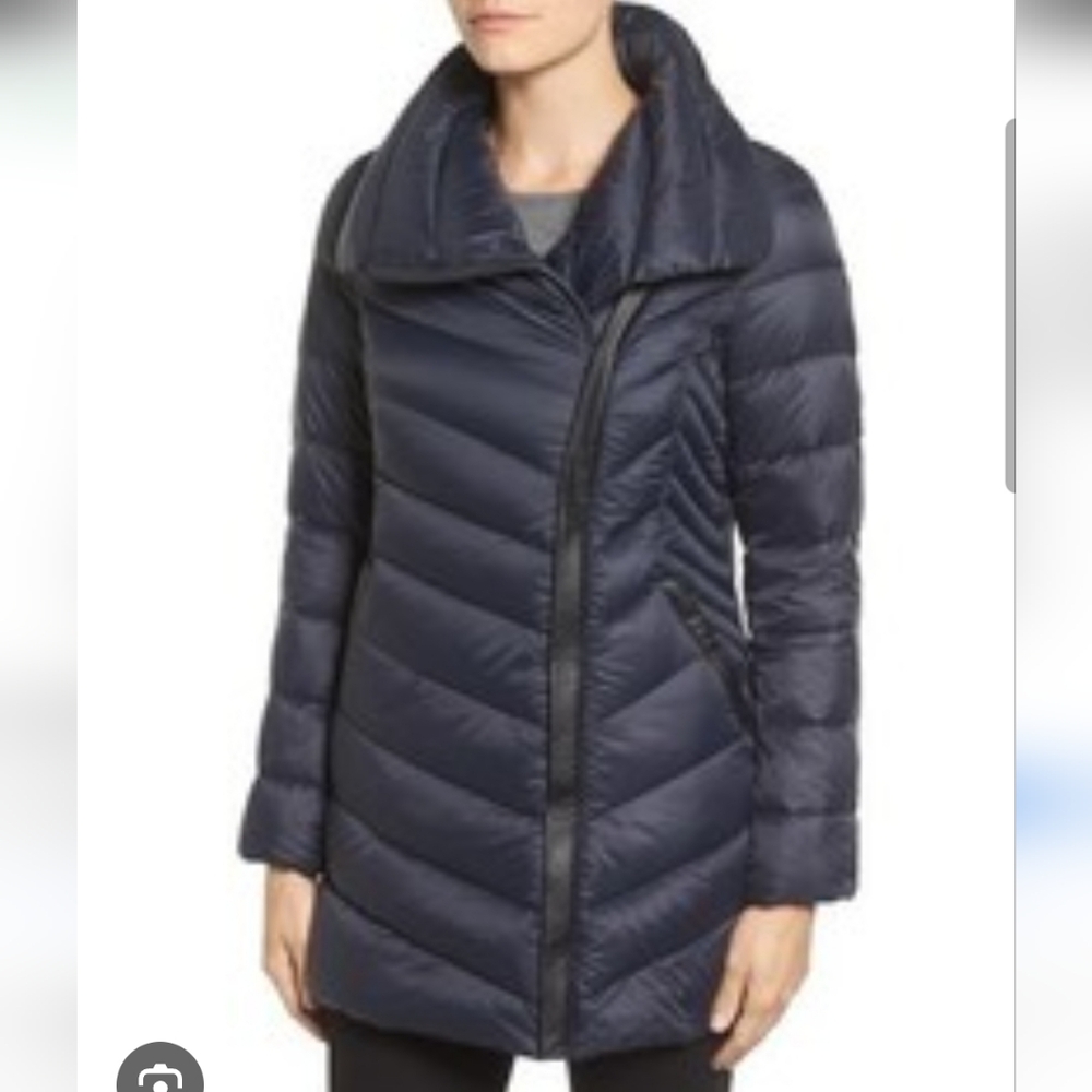 Sam Edleman Asymmetrical Chevron Quilted Down Coat Women's L Navy & Faux Leather